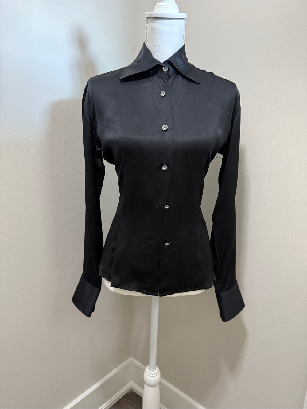 Women's Black Satin Button-Down Shirt